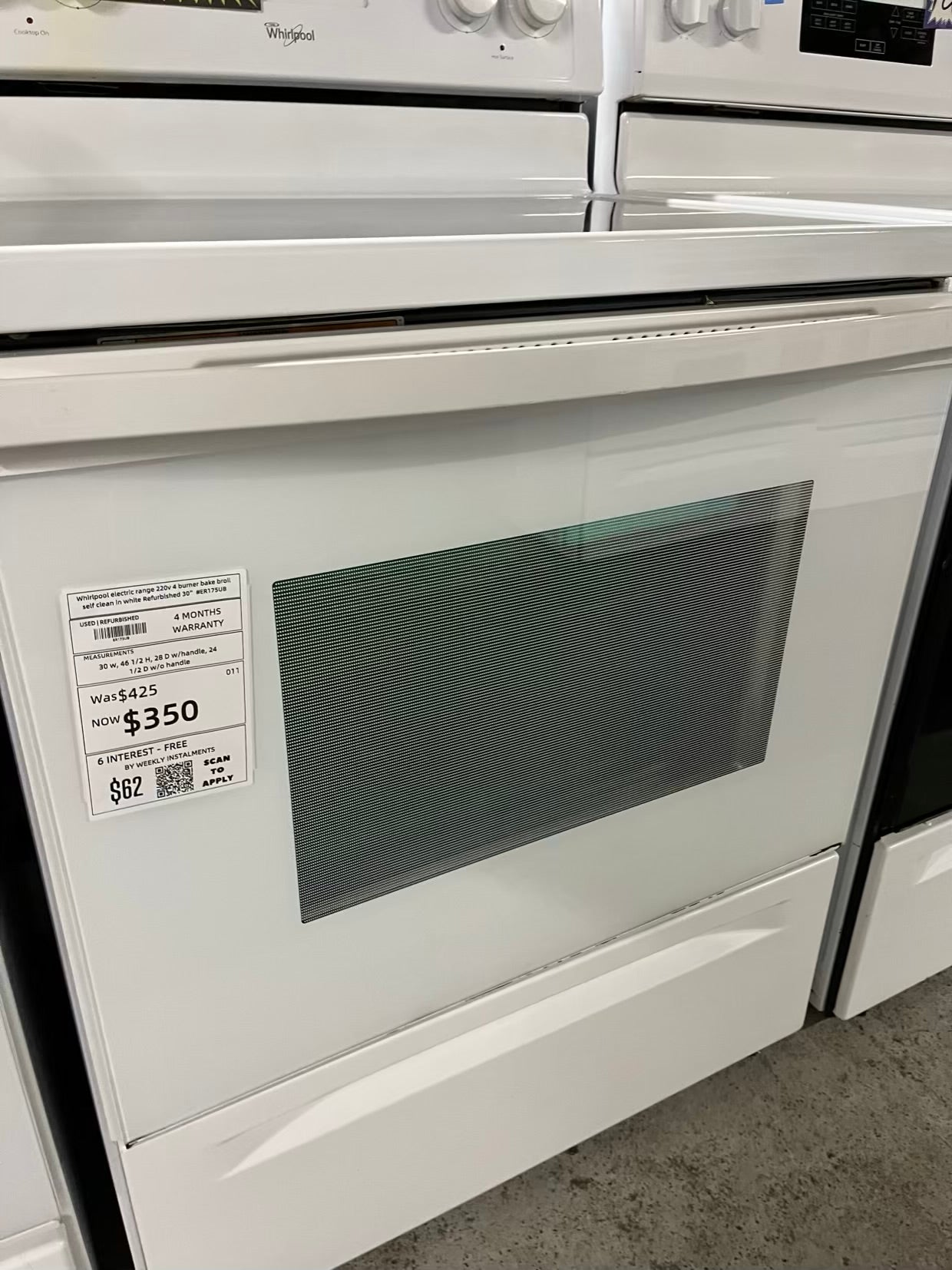 Whirlpool electric range 220v 4 burner bake broil self clean in white Refurbished 30" #ER175UB