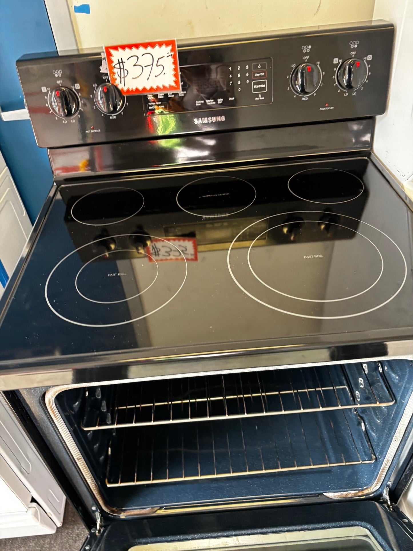 Samsung glass top electric range 220v 5 burner warm zone convection bake roast broil steam clean black color Refurbished 30" #ER537AL