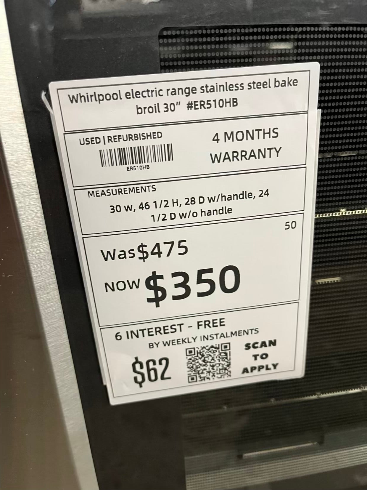 Whirlpool electric range stainless steel bake broil 30" #ER510HB-TR