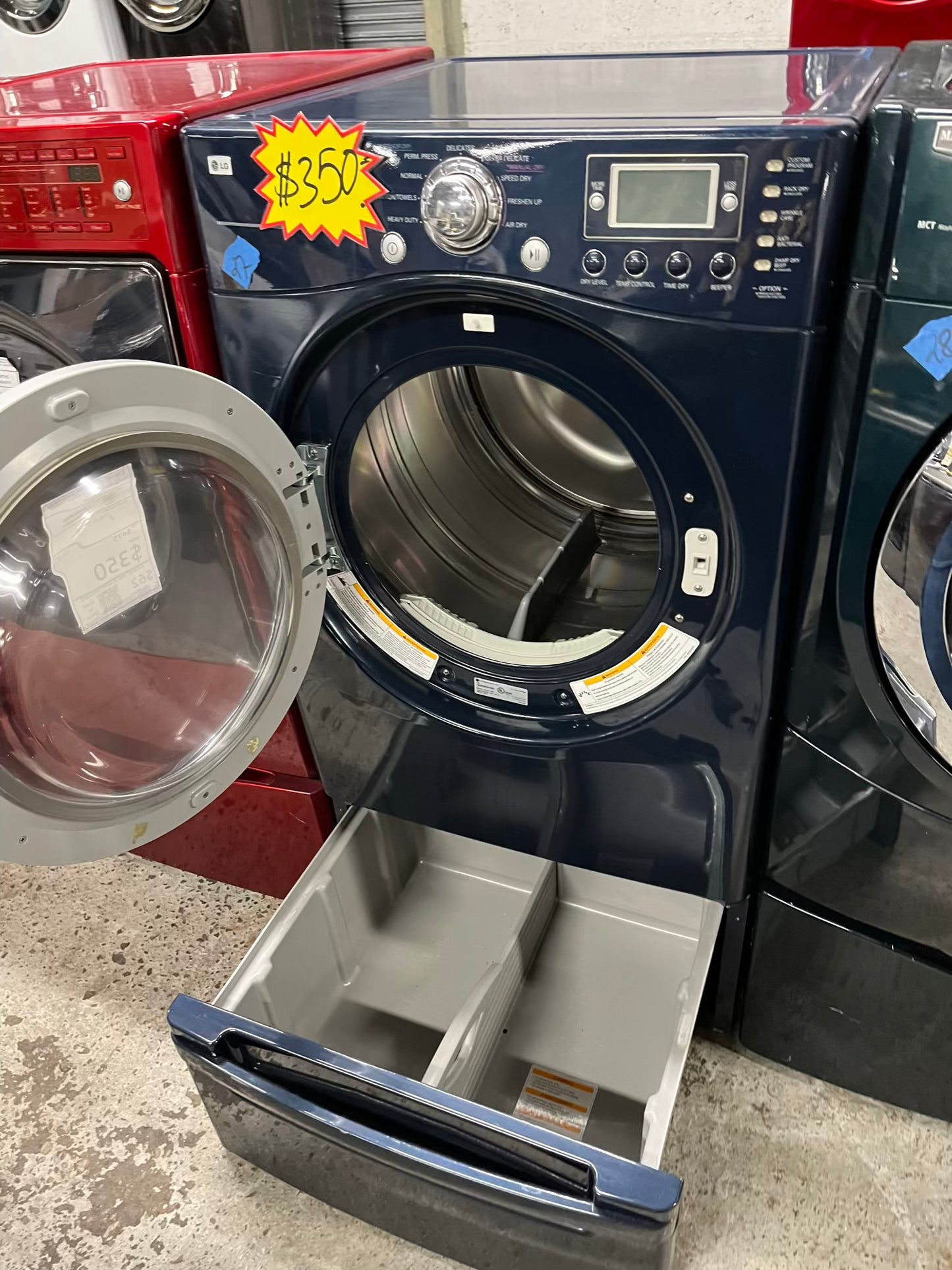 LG Dryer electric 220v in navy blue front load w/pedestal extra storage stainless steel drum large capacity 27" refurbished #ED345ZB