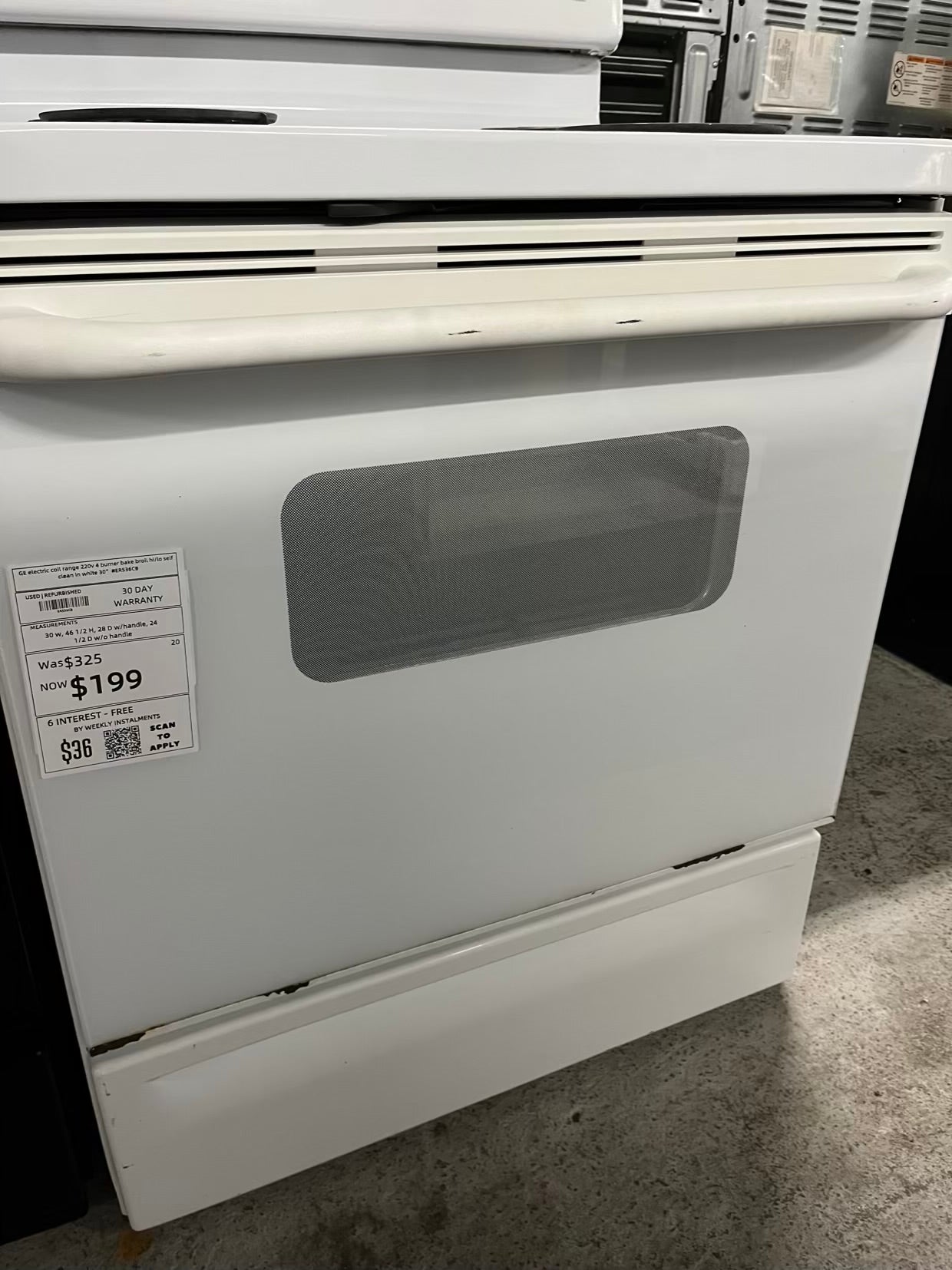 GE electric coil range 220v 4 burner bake broil hi/lo self clean in white 30" #ER536CB