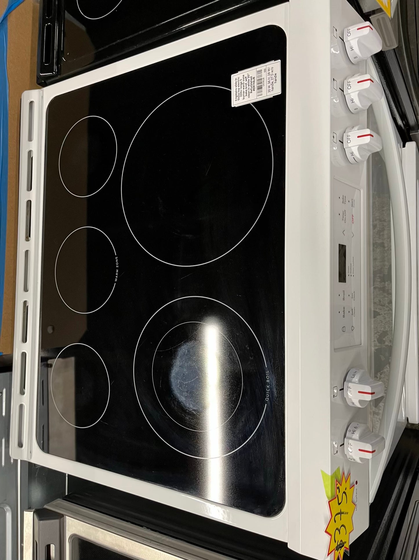 -Frigidaire slide in Glass top electric 220v range 5 burner warm zone bake broil self clean in white 30" Refurbished #ER749JB-TR