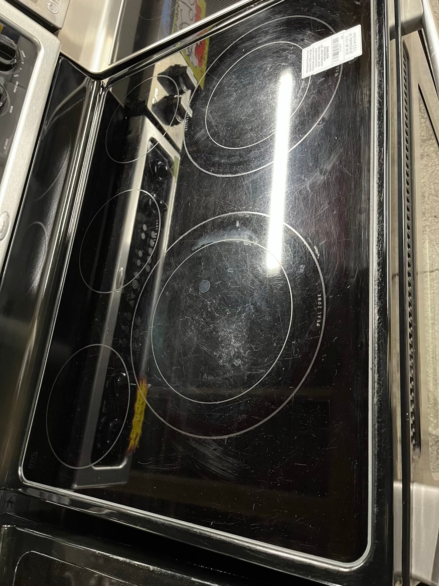 Whirlpool Glass top electric 220v range 5 burner warm zone convection bake broil steam clean stainless steel 30" Refurbished #ER748KB