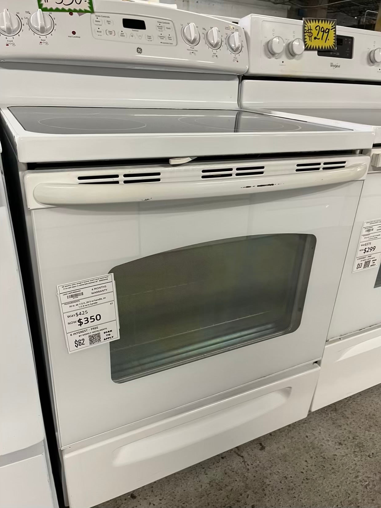 GE electric 220v range 5 burner warm zone bake broil hi/lo self clean in white Refurbished 30" #ER940NB