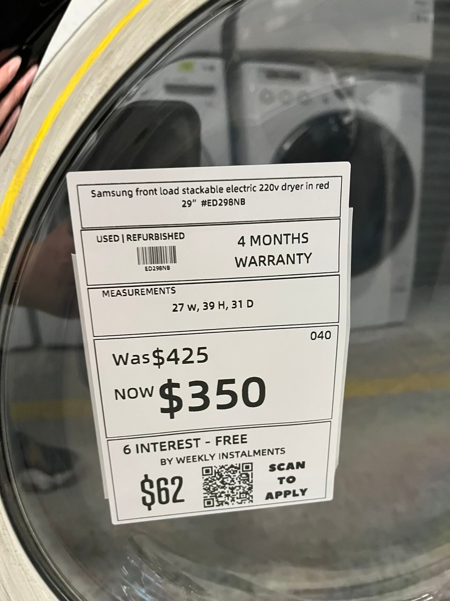 Samsung front load stackable electric 220v dryer in red 29" #ED298NB