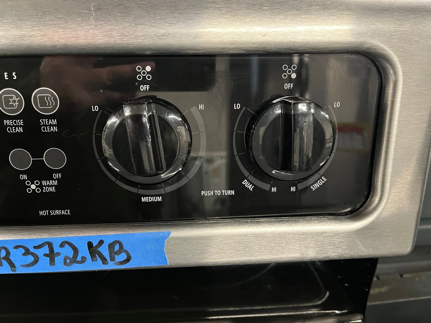 - Whirlpool glass top electric range 220v 5 burner warm zone convection bake broil steam clean Refurbished stainless steel 30" #ER372KB