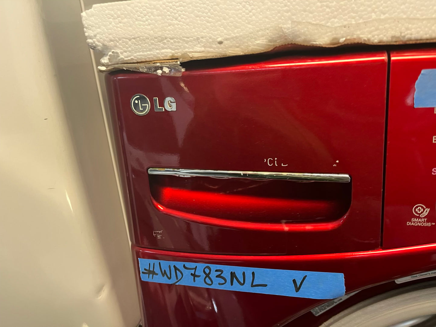 - LG front load washer & dryer set electric 220v large capacity w/pedestal extra storage in red 27” #WD783NL