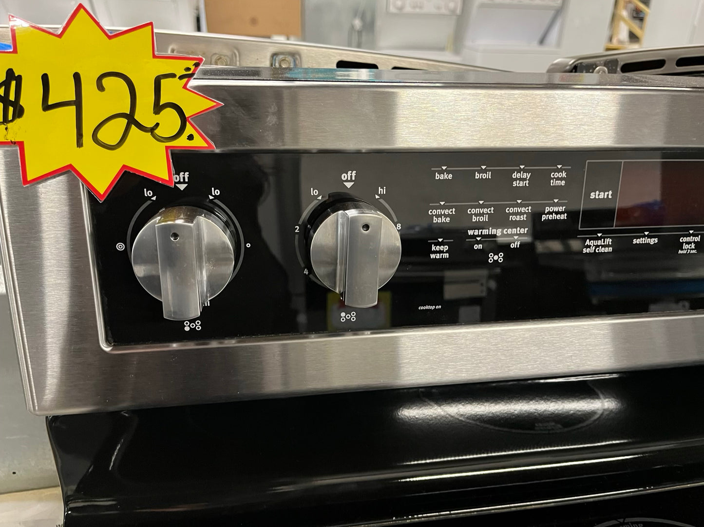 -Maytag glass top electric range 220v 5 burner warm zone convection bake roast broil self clean Refurbished stainless steel 30" #ER338NB
