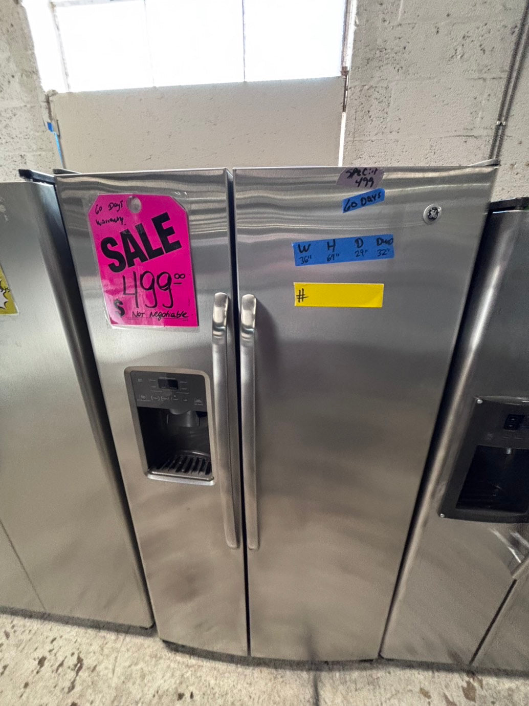 >*36” x 69h GE side by side Refrigerator and freezer stainless steel w/ice water dispenser 36” #SBTT7B