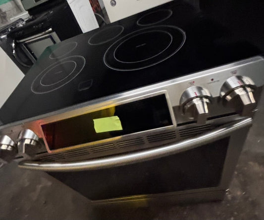 >samsung slide in Glass top electric 220v range 5 burner warm zone bake broil self clean in stainless steel 30" used-Refurbished #ER7477B