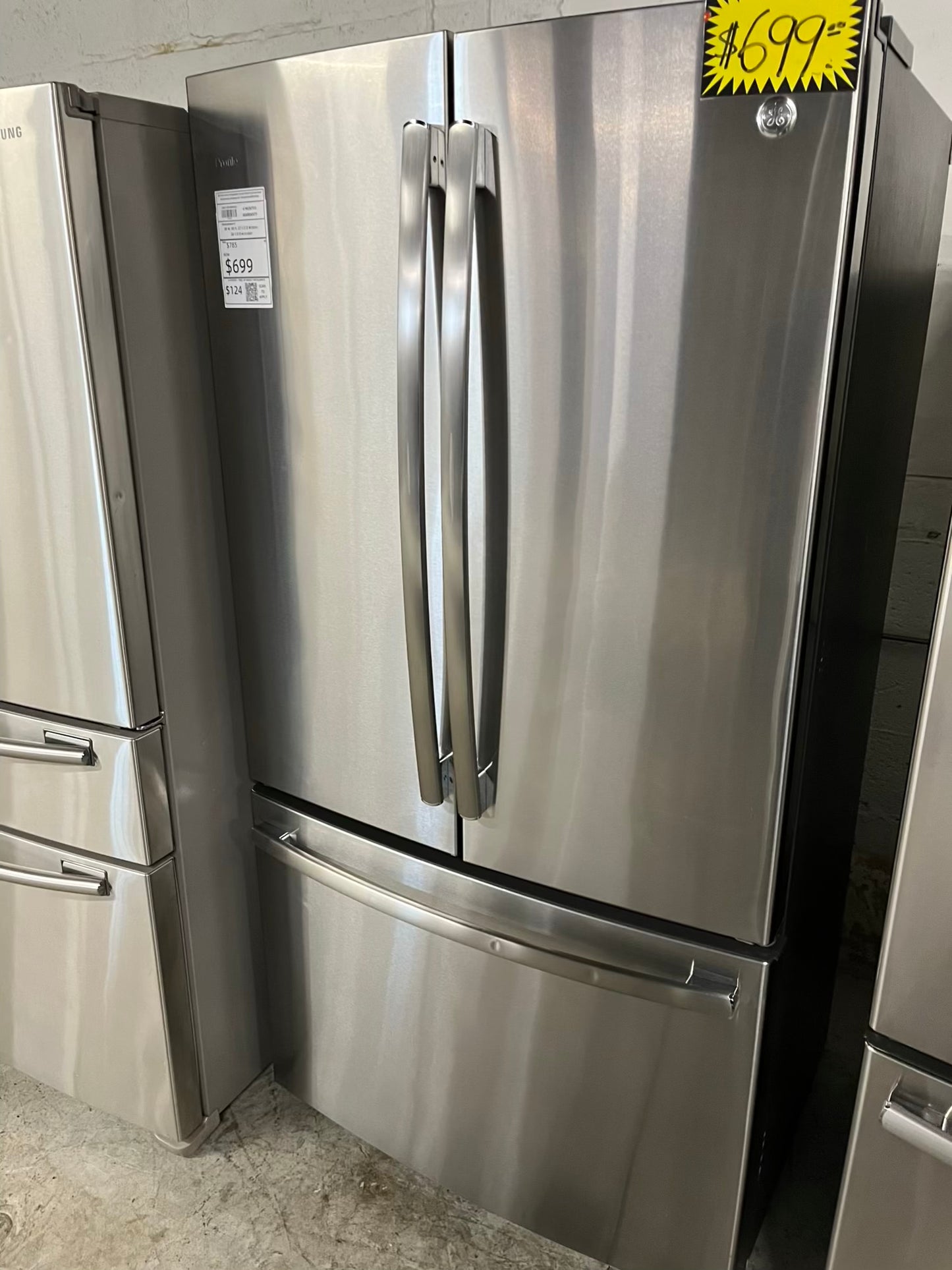 GE French door Refrigerator counter depth stainless steel w/water dispenser  & ice maker inside Item number #RF734VB 36” in Refurbished