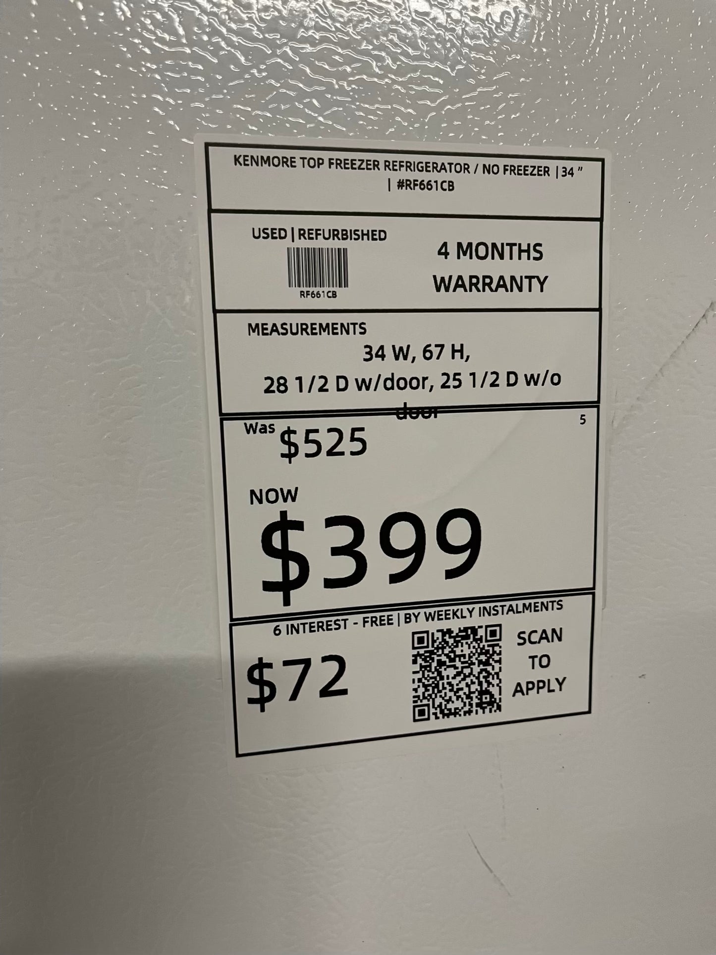 - Kenmore Refrigerator only (freezer less) white NO FREEZER | Item number #RF661CB 34” in Refurbished