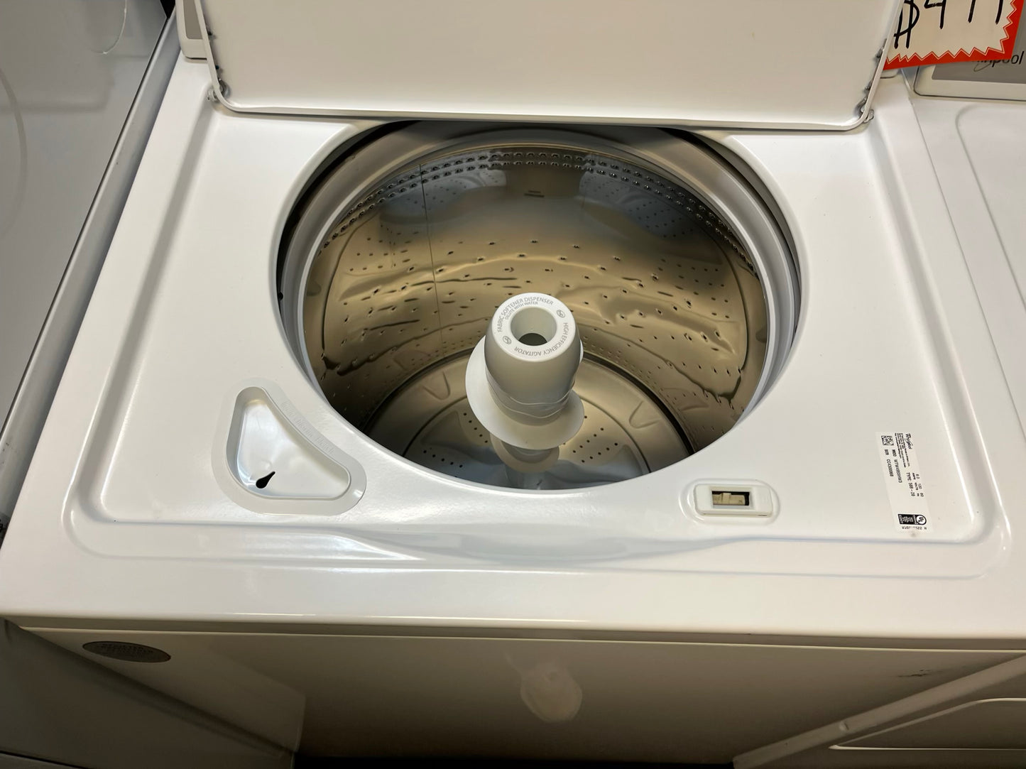 - Whirlpool top load washing machine 4.0 cu ft stainless steel drum w/agitator & side x side electric 220v dryer in white 29" #ED500PB-TR
