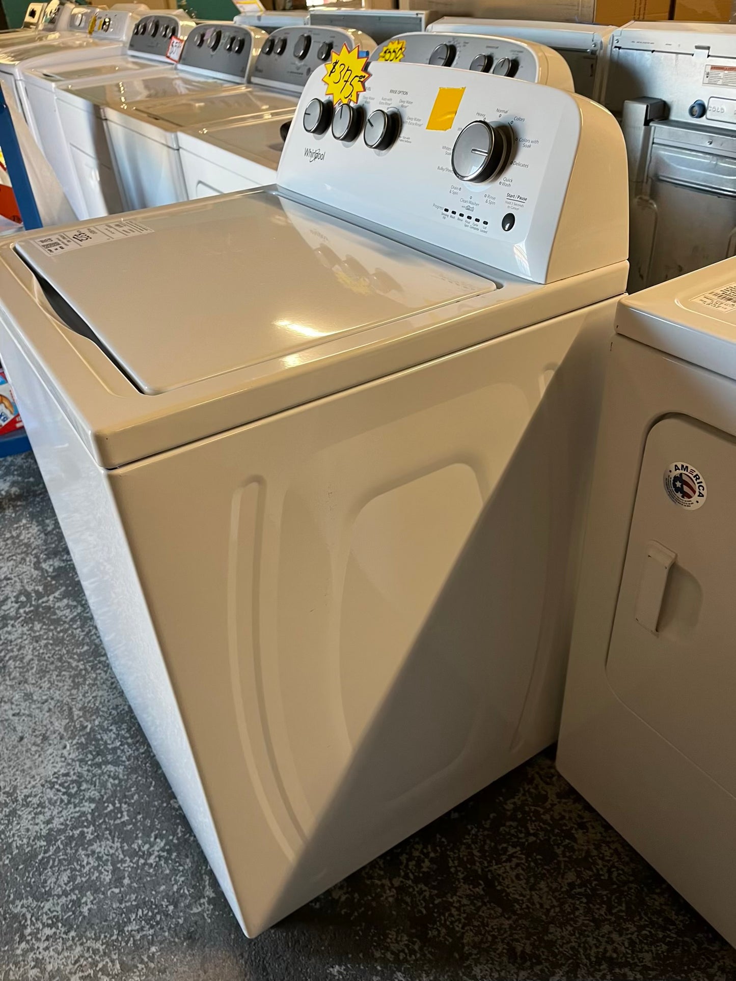 Whirlpool top load washing machine stainless steel drum w/agitator & side x side electric 220v dryer in white 29" #ED501UB