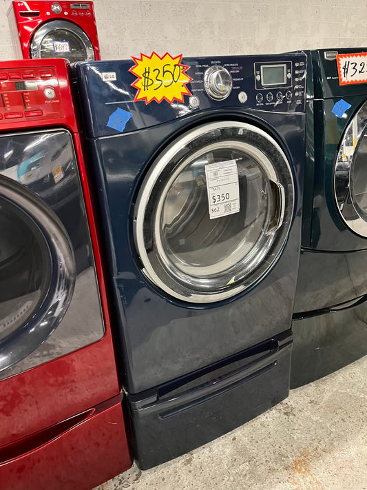 LG Dryer electric 220v in navy blue front load w/pedestal extra storage stainless steel drum large capacity 27" refurbished #ED345ZB