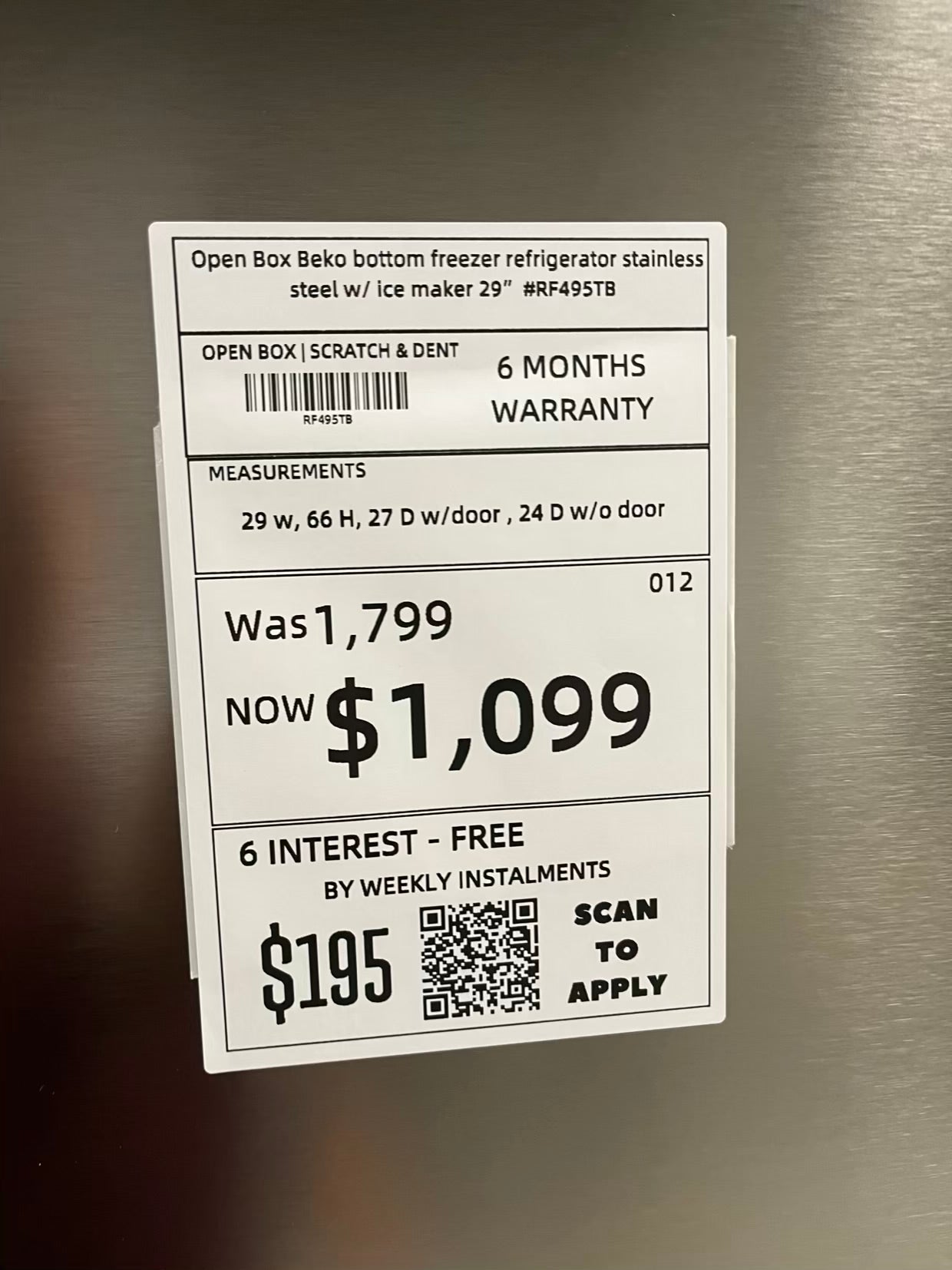 Open Box Beko bottom freezer refrigerator stainless steel w/ ice maker 29" #RF495TB