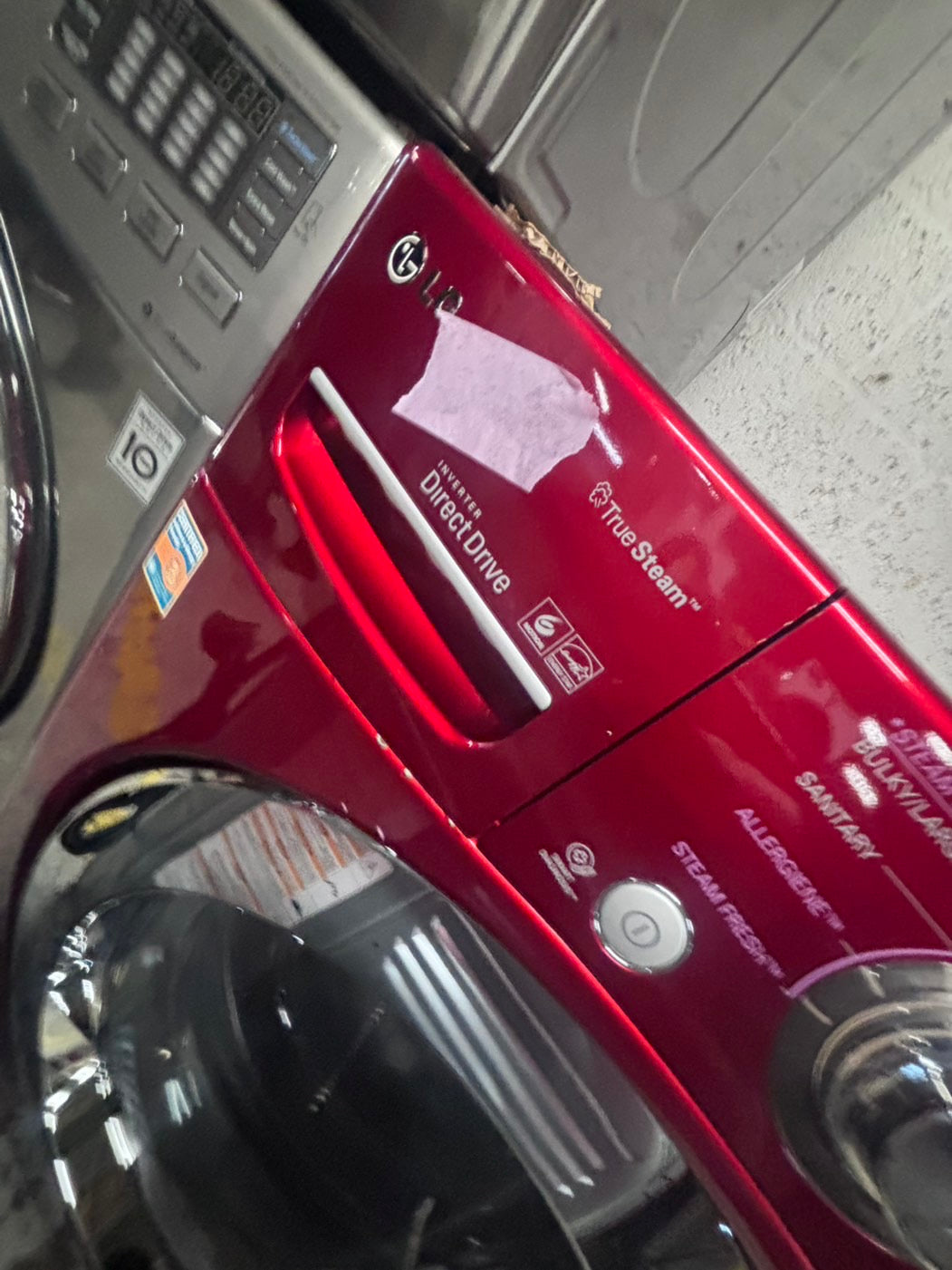 >LG washer 4.0cu ft & dryer 7.5 steam set electric 220v front load stackable or side by side - sensor dry in red #WEG74BR