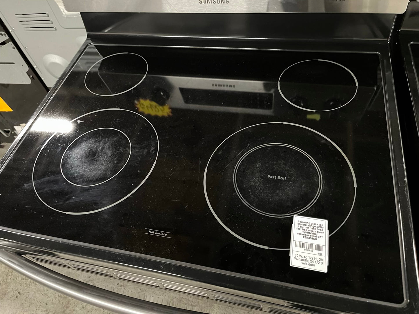 - Samsung glass top electric range 220v 4 burner bake broil fast boil steam clean Refurbished stainless steel 30" #ER318SB