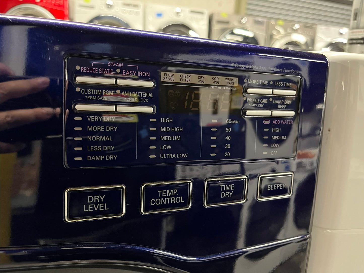 LG Dryer electric 220v navy blue front load w/pedestal extra storage stainless steel drum large capacity 27" refurbished #ED339WB