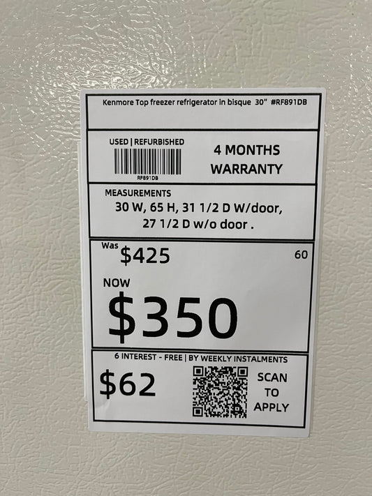 - Kenmore Top freezer refrigerator in bisque 30" #RF891DB Refurbished