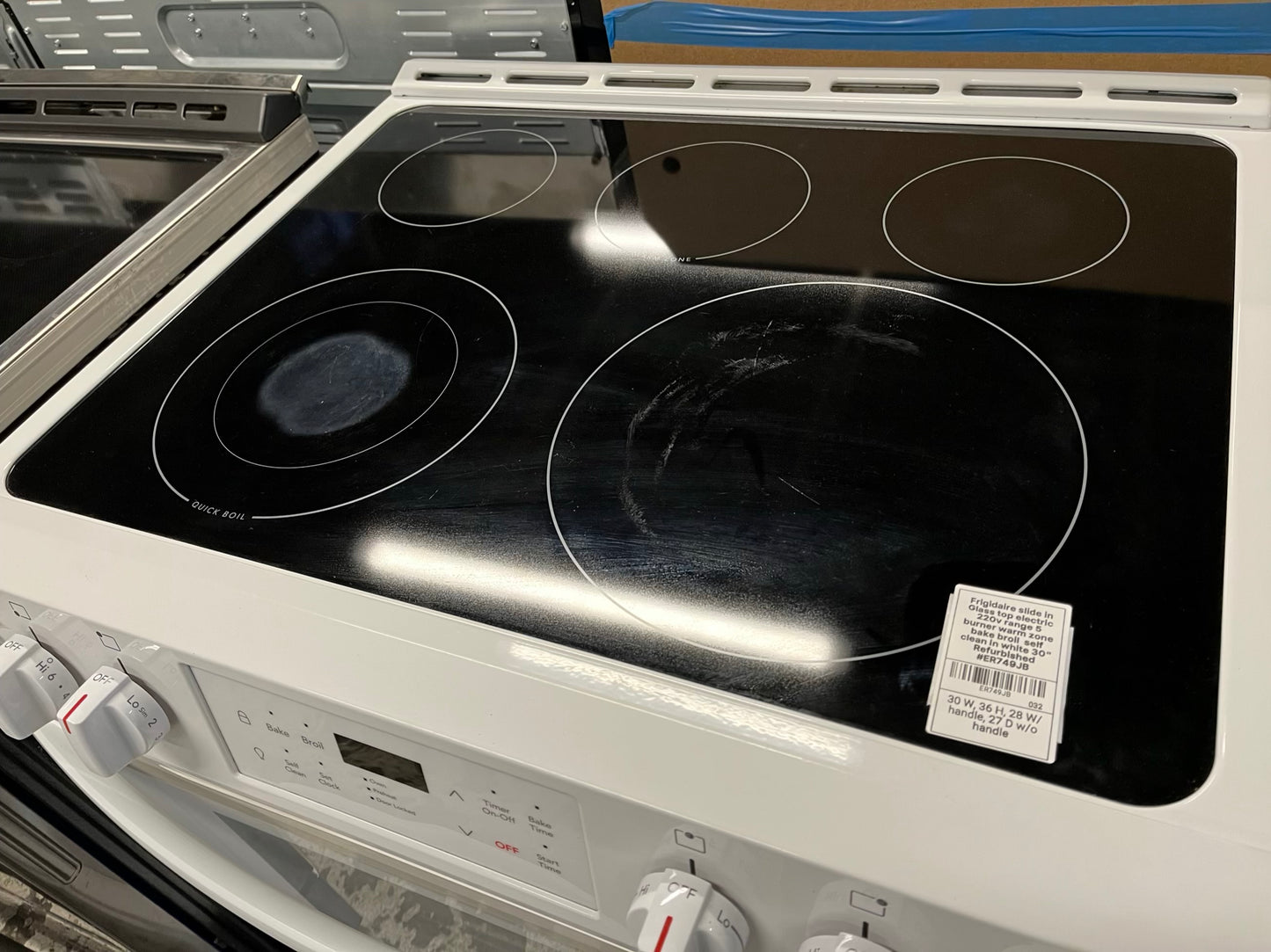 -Frigidaire slide in Glass top electric 220v range 5 burner warm zone bake broil self clean in white 30" Refurbished #ER749JB-TR