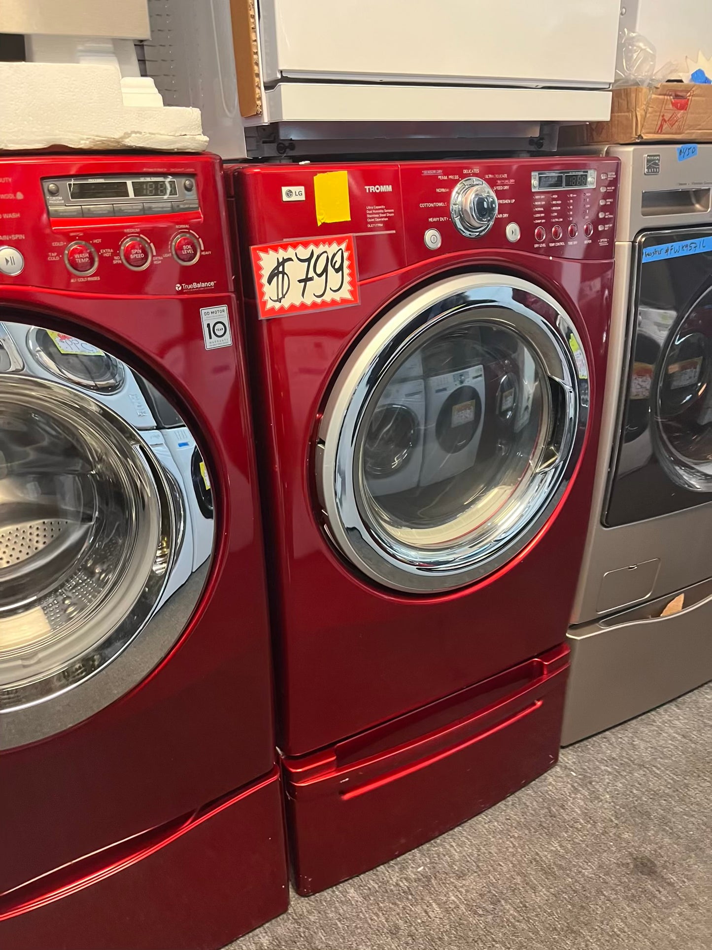 - LG front load washer & dryer set electric 220v large capacity w/pedestal extra storage in red 27” #WD783NL