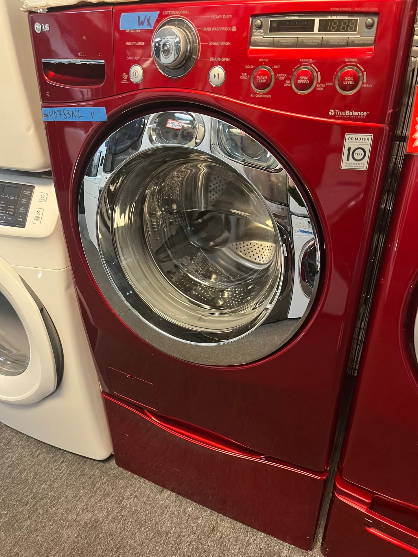 - LG front load washer & dryer set electric 220v large capacity w/pedestal extra storage in red 27” #WD783NL
