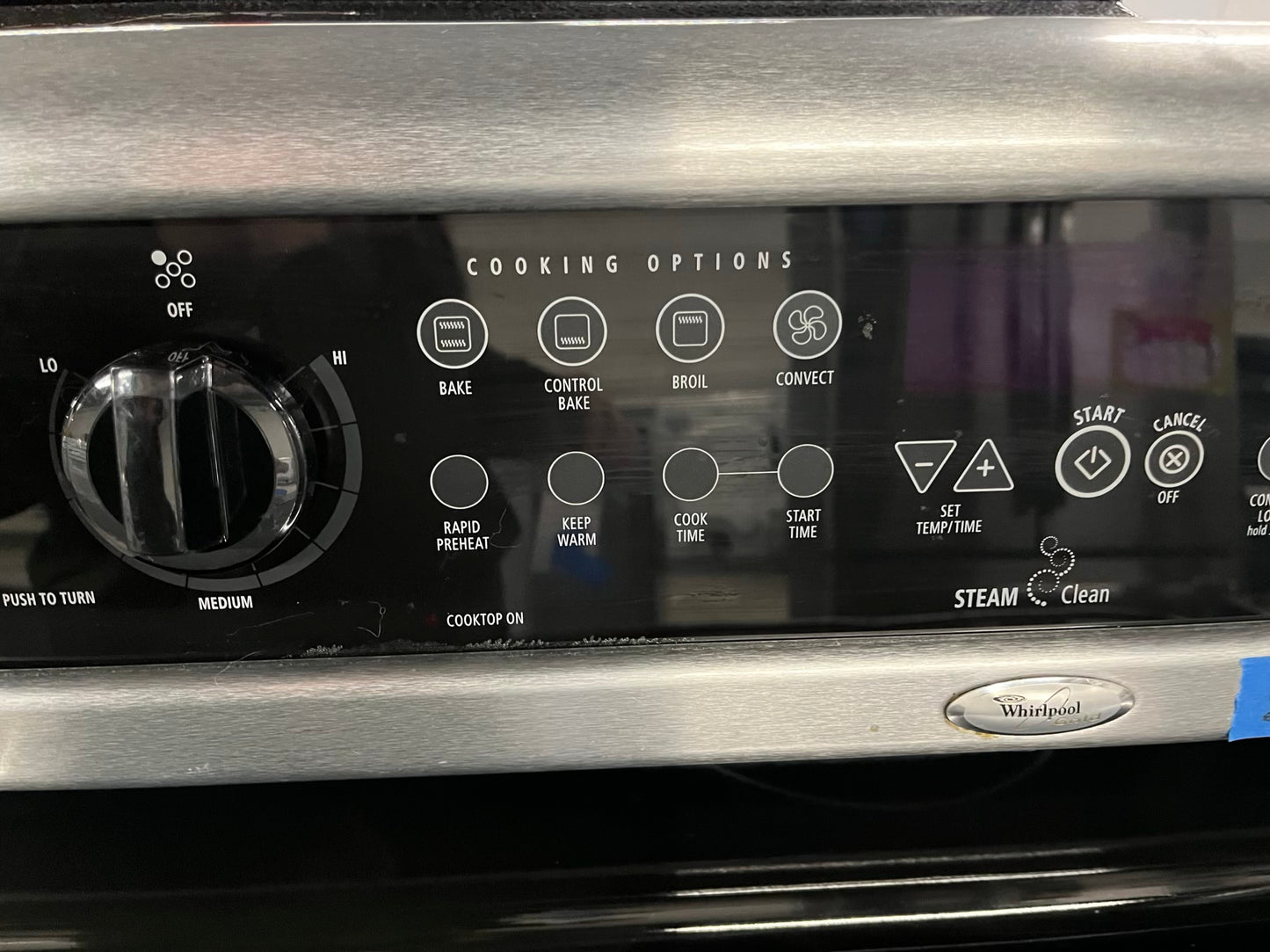 - Whirlpool glass top electric range 220v 5 burner warm zone convection bake broil steam clean Refurbished stainless steel 30" #ER372KB