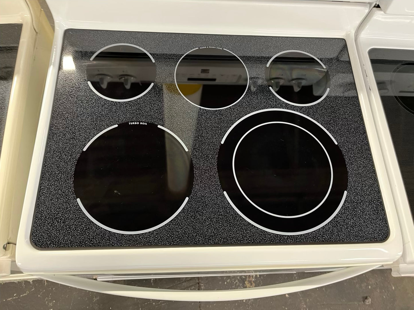 Kenmore electric range 220v 5 burner warm zone convection bake broil flex clean in white Refurbished 30" #ER177EB