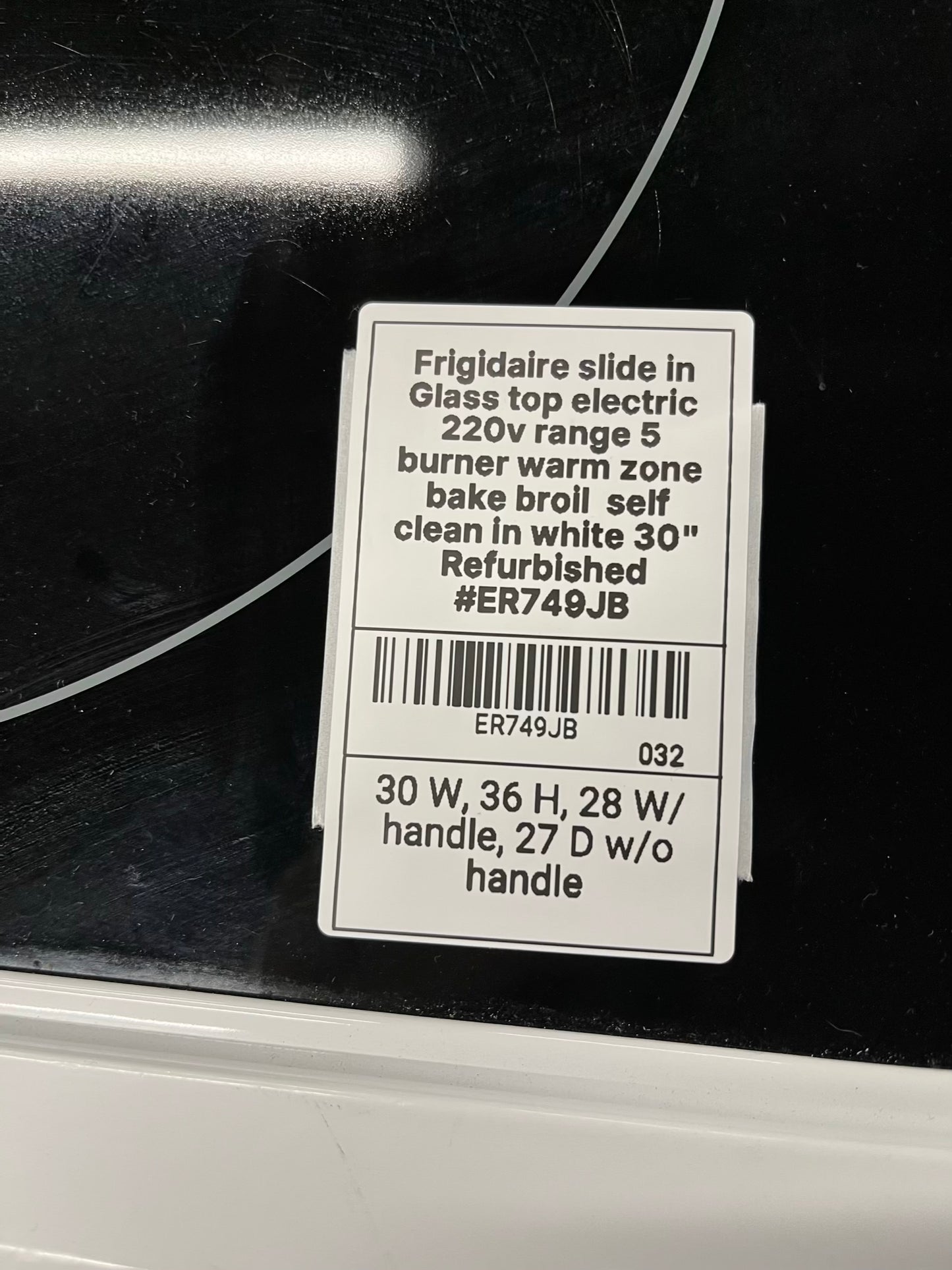 -Frigidaire slide in Glass top electric 220v range 5 burner warm zone bake broil self clean in white 30" Refurbished #ER749JB-TR