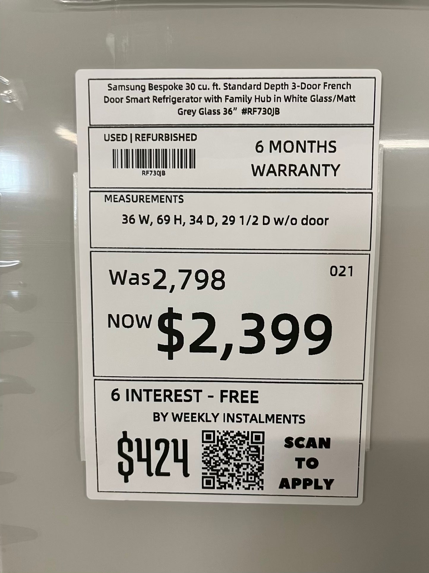 Open Box | Scratch & Dent - Samsung Bespoke 30 cu. ft. Standard Depth 3-Door French Door Smart Refrigerator with Family Hub in White Glass/Matt Grey Glass 36" #RF730JB-TR