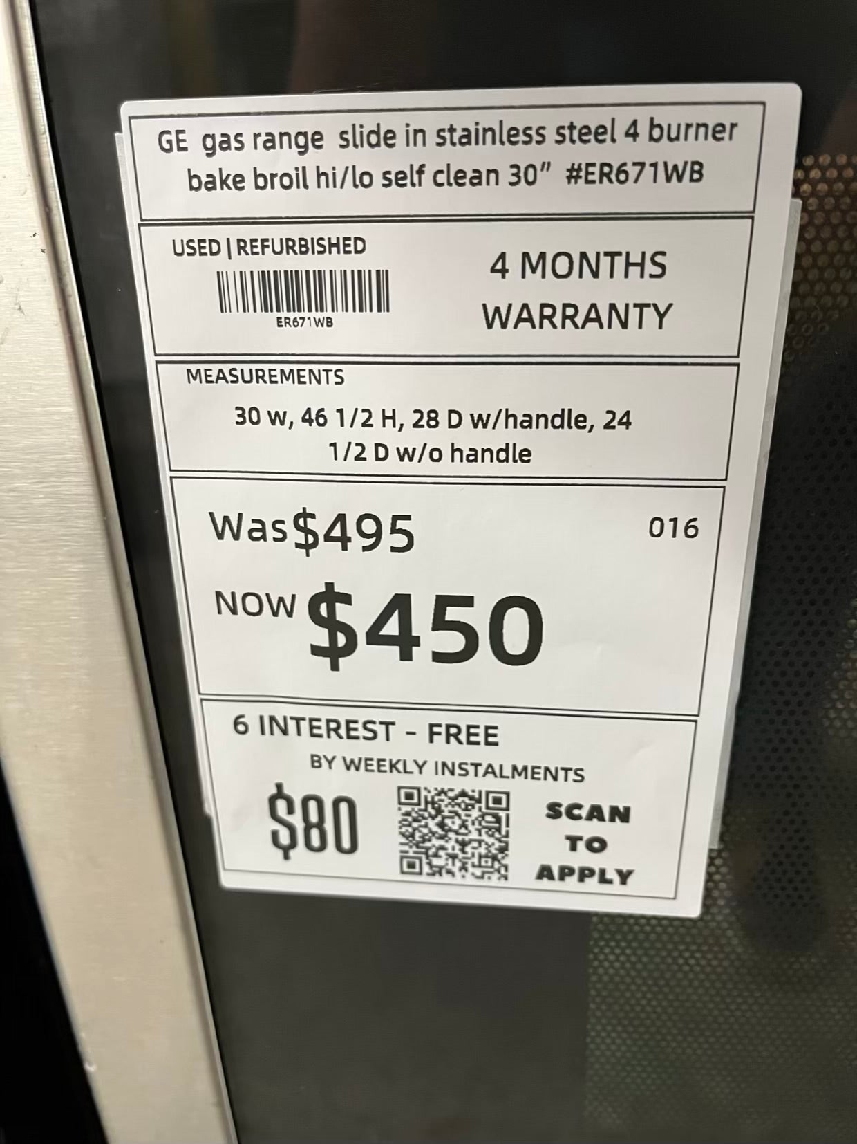 - GE gas range slide in stainless steel 4 burner bake broil hi/lo self clean 30" #ER671WB
