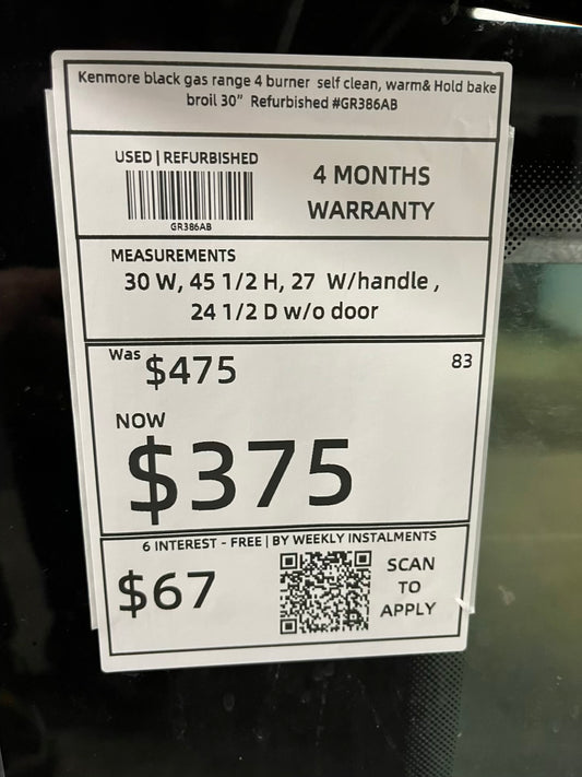 Kenmore black gas range 4 burner self clean, warm& Hold bake broil 30" Refurbished #GR386AB