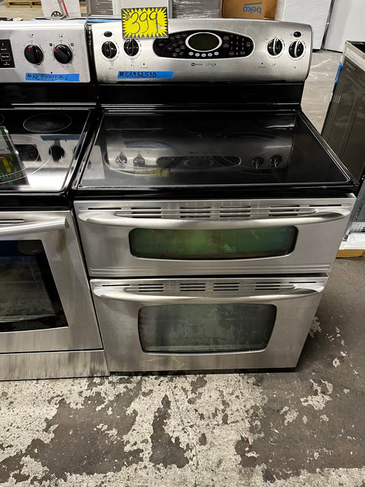 Maytag electric 220v glass top double oven range 5 burner Refurbished convection bake Broil self clean stainless steel 30" #ER93253B