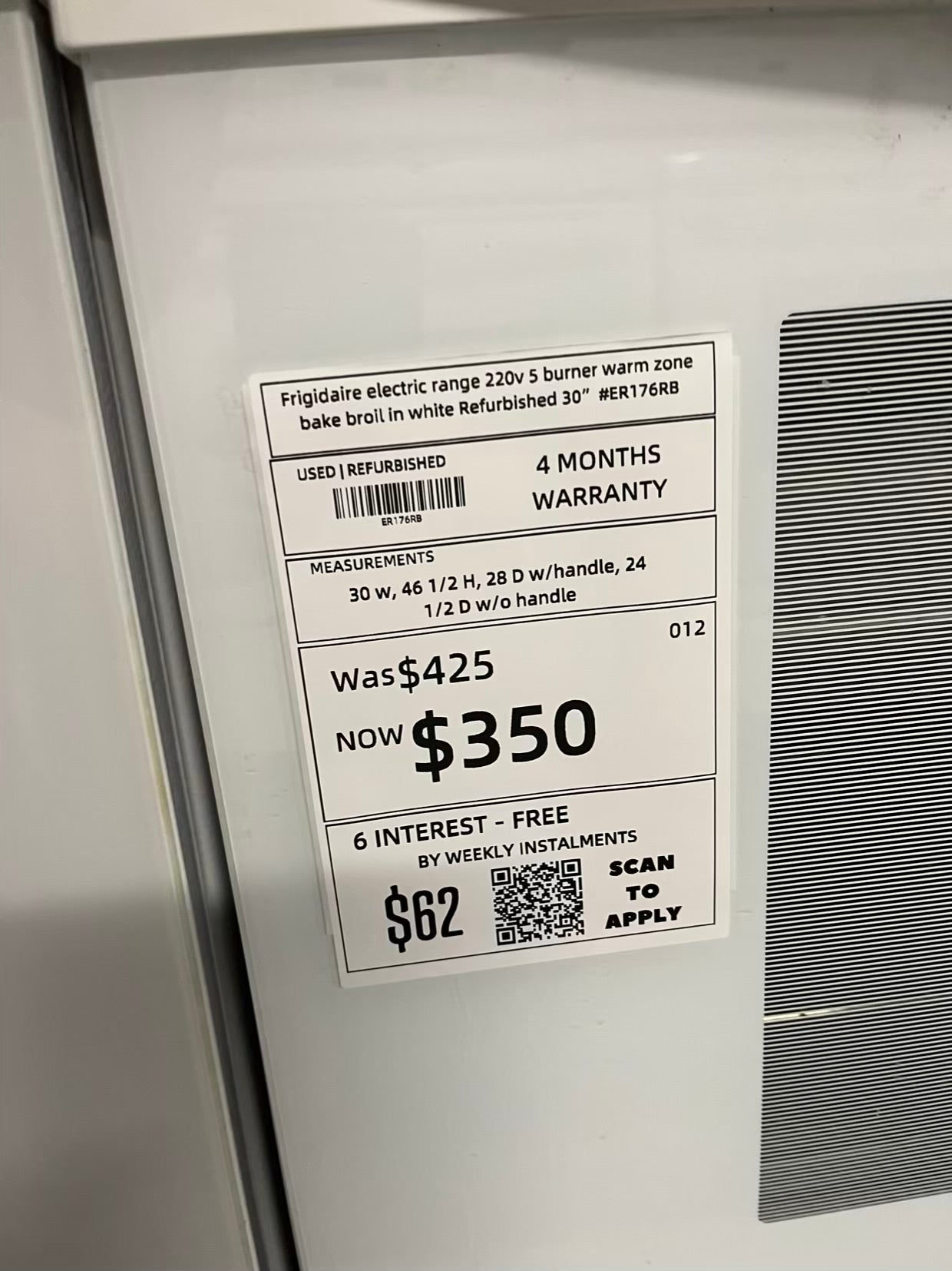 Frigidaire electric range 220v 5 burner warm zone bake broil in white Refurbished 30" #ER176RB