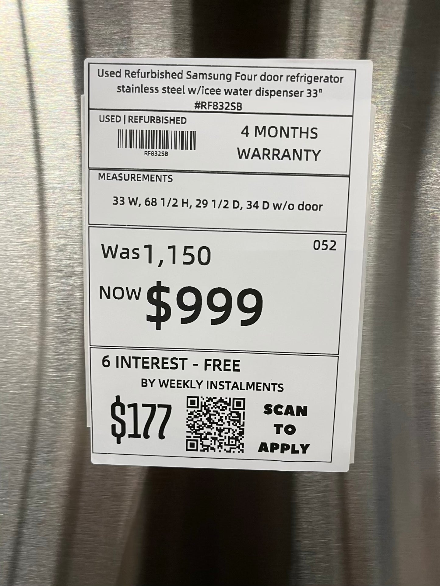 - Used Refurbished Samsung Four door refrigerator stainless steel w/icee water dispenser 33" #RF832SB