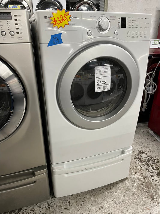 LG Dryer electric 220v in white front load w/pedestal extra storage stainless steel drum large capacity 27" refurbished #ED341AB