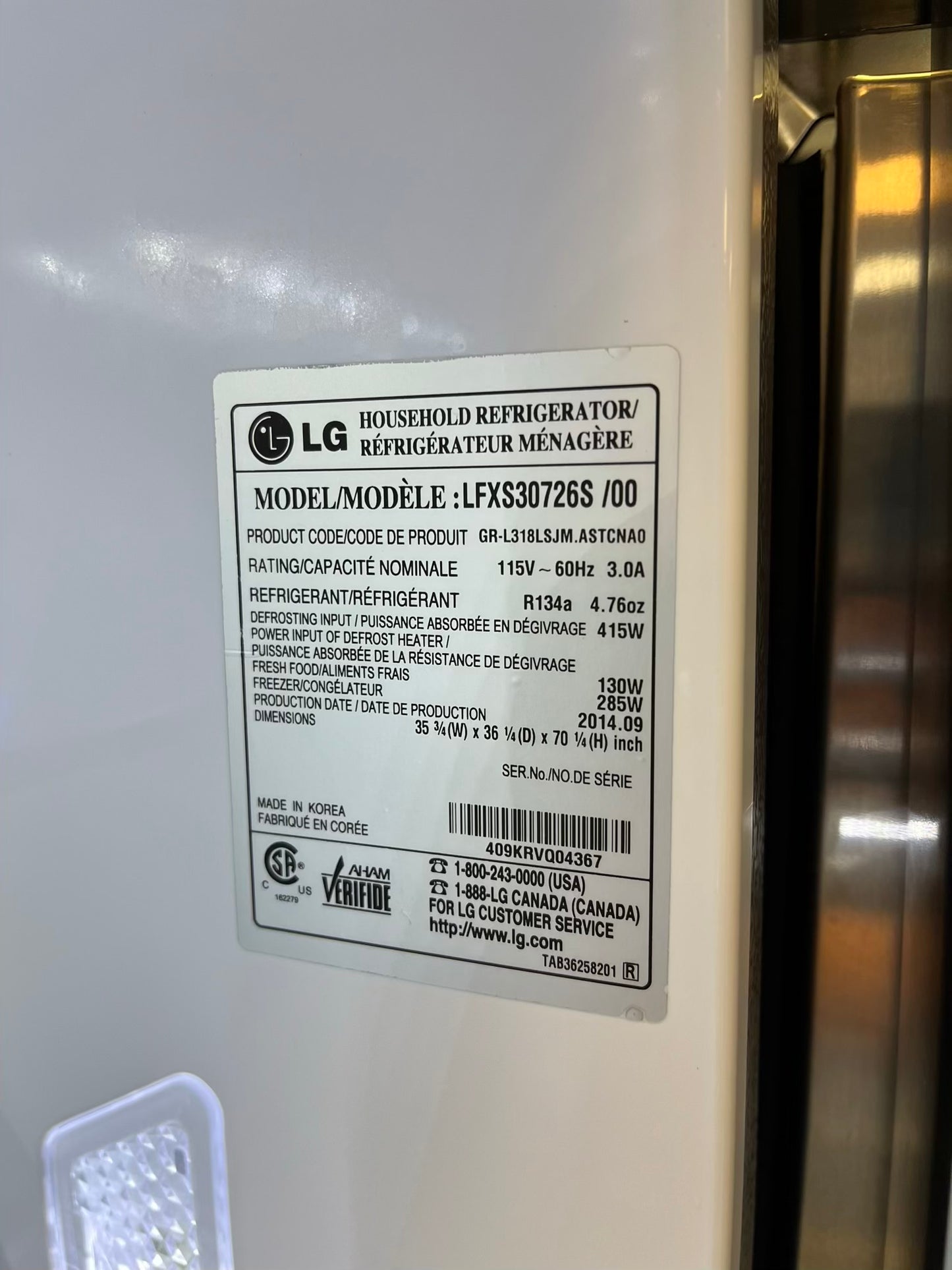 Used | Refurbished Le french door refrigerator stainless steel w/Ice water dispenser 36" # RF506ZL