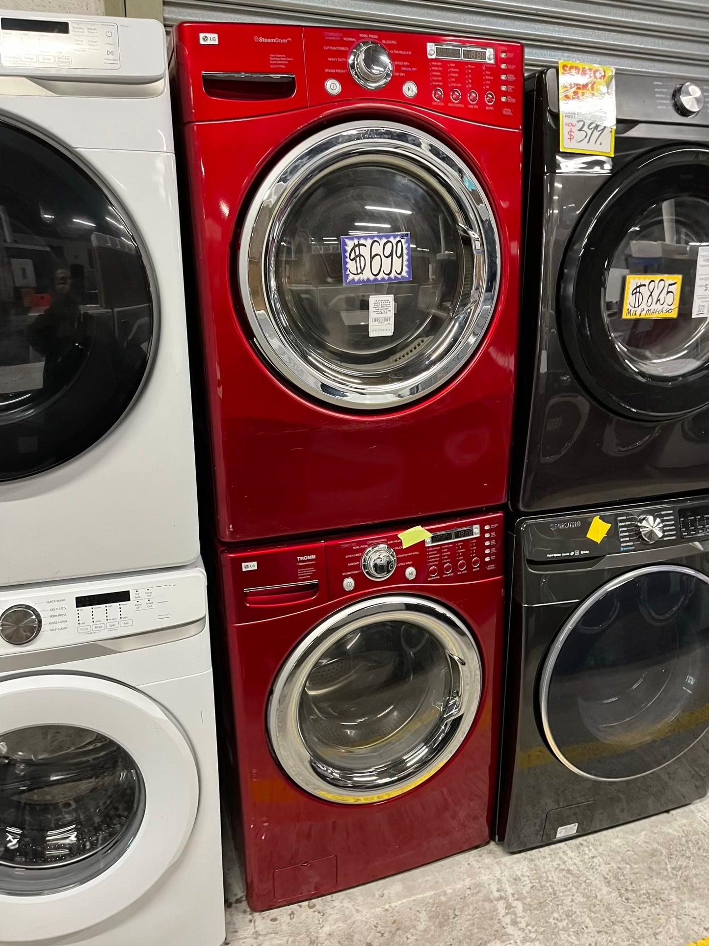 LG steam cycle washer 4.5 cu ft & dryer 7.5 cu ft set electric 220v front load stackable sensor dry He in red #WD852CB
