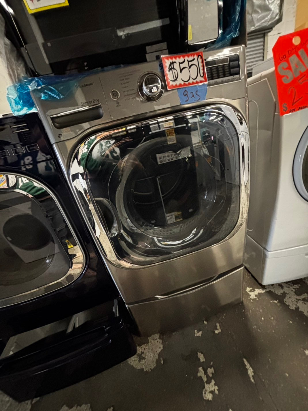 LG gas steam Dryer 29” mega capacity -gray front load w/pedestal extra storage stainless steel drum large capacity used- refurbished #GD339WB