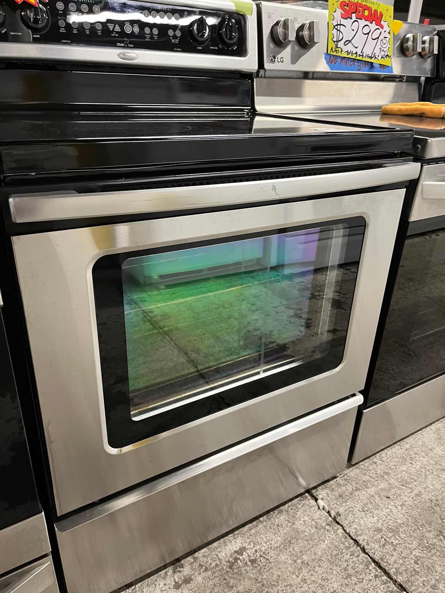 Whirlpool Glass top electric 220v range 5 burner warm zone convection bake broil steam clean stainless steel 30" Refurbished #ER748KB