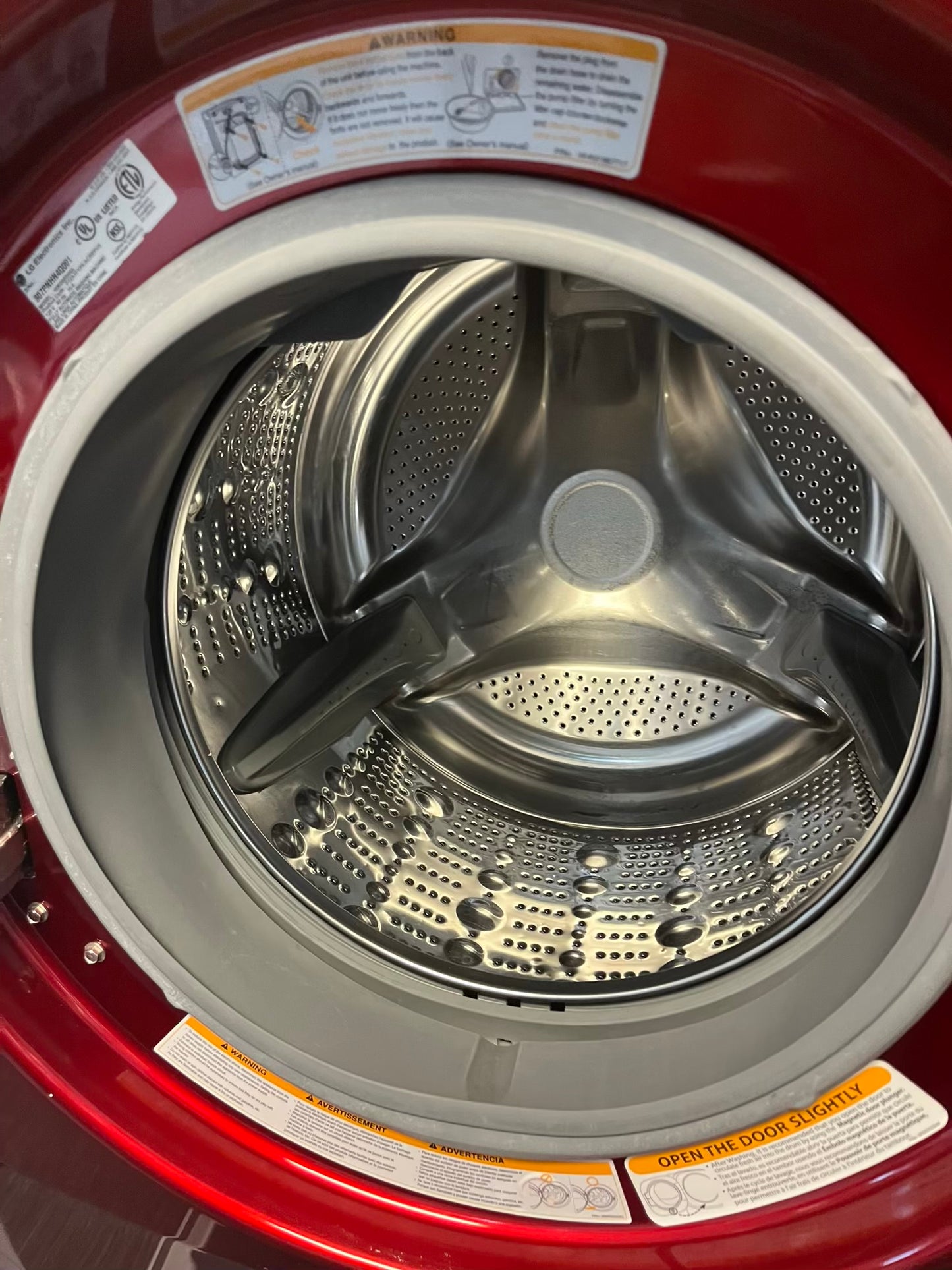 - LG front load washer & dryer set electric 220v large capacity w/pedestal extra storage in red 27” #WD783NL