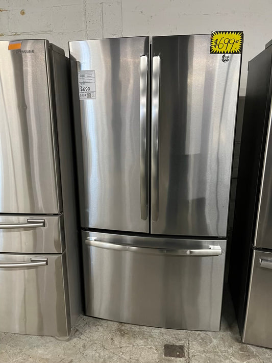 GE French door Refrigerator counter depth stainless steel w/water dispenser  & ice maker inside Item number #RF734VB 36” in Refurbished