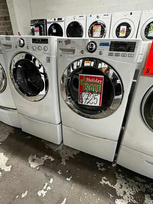 🎄Holiday Sale 🎁LG front load washer & dryer set GAS large capacity with pedestals stainless steel drum - in white 27” #WD85399B