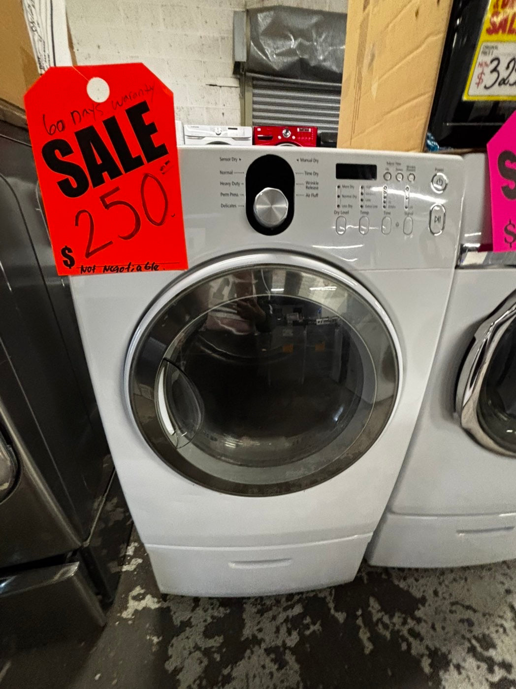 -Samsung Dryer electric 220v in white front load w/pedestal extra storage stainless steel drum large capacity 27" refurbished #ED3113VB