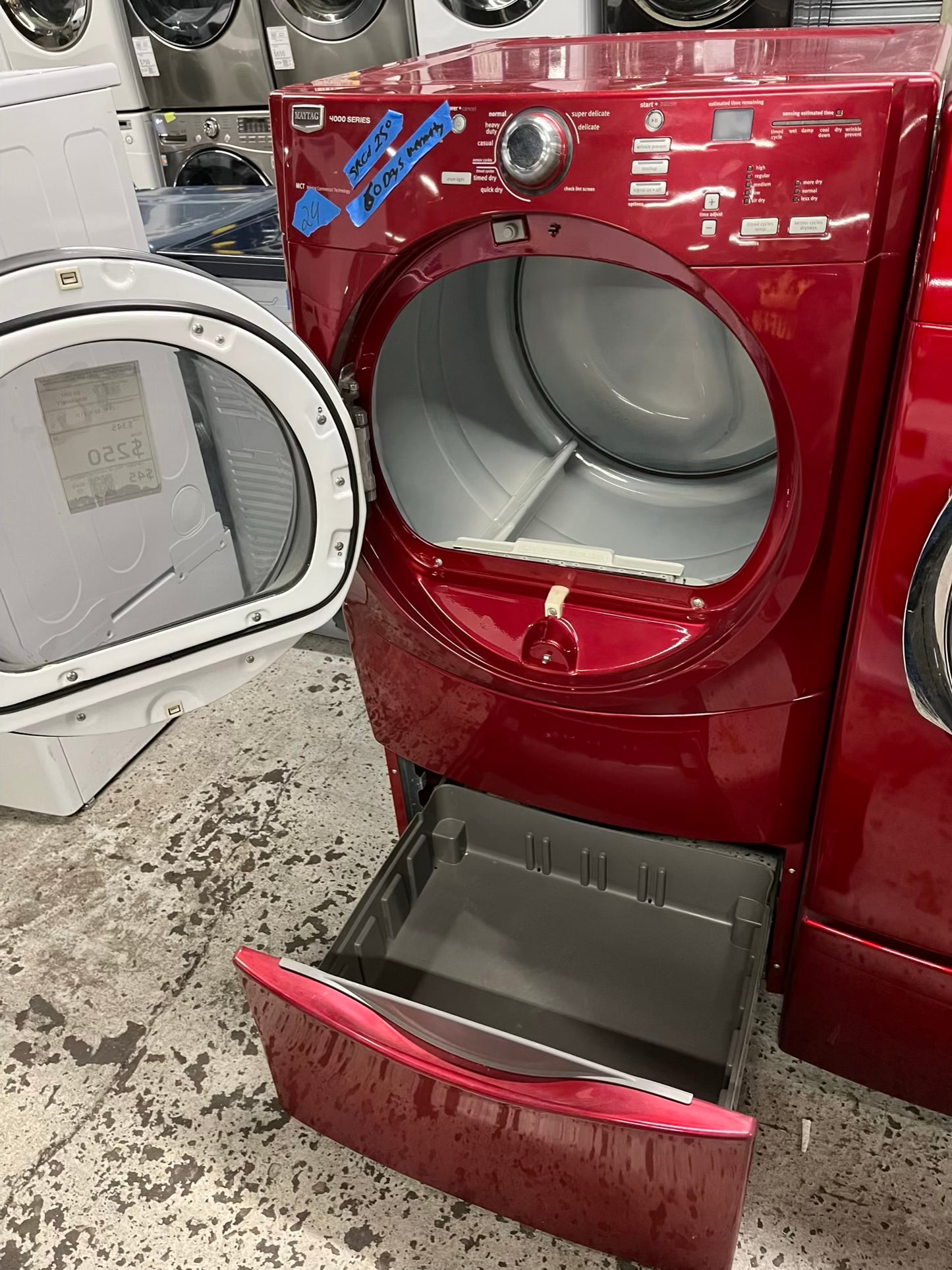 Maytag Dryer electric 220v in red front load w/pedestal extra storage stainless steel drum large capacity 27" refurbished #ED342AB