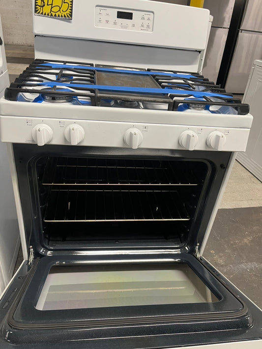 =GE Gas range 5 burner bake Temp Recall broil hi/lo in white used-Refurbished 30" #GEGA34LB