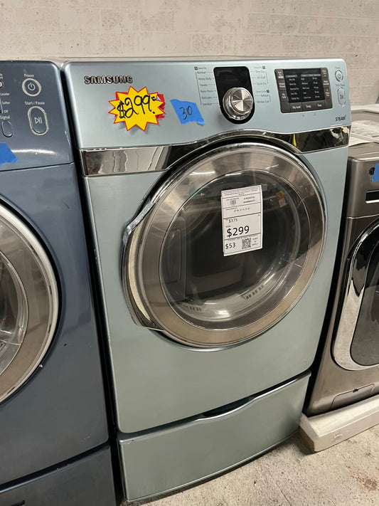 Samsung Dryer electric 220v in red front load w/pedestal extra storage stainless steel drum large capacity 27" refurbished #ED348VB