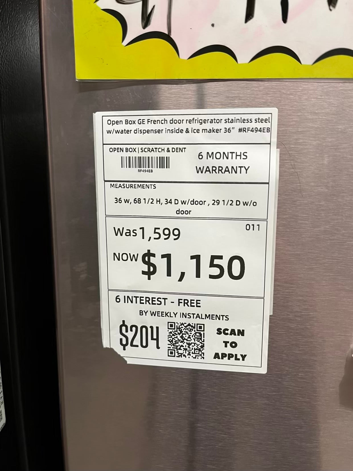 Open Box GE French door refrigerator stainless steel w/water dispenser inside & ice maker 36" #RF494EB