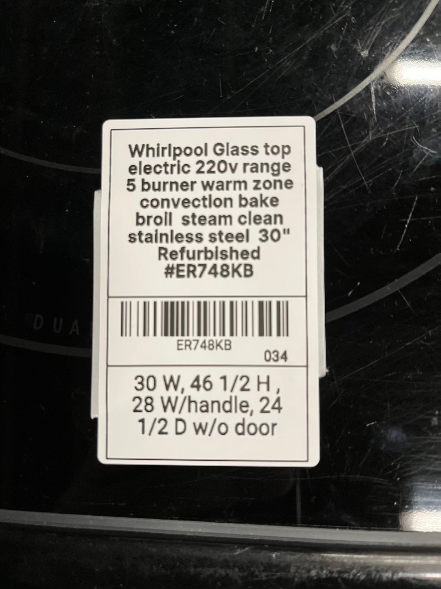 Whirlpool Glass top electric 220v range 5 burner warm zone convection bake broil steam clean stainless steel 30" Refurbished #ER748KB